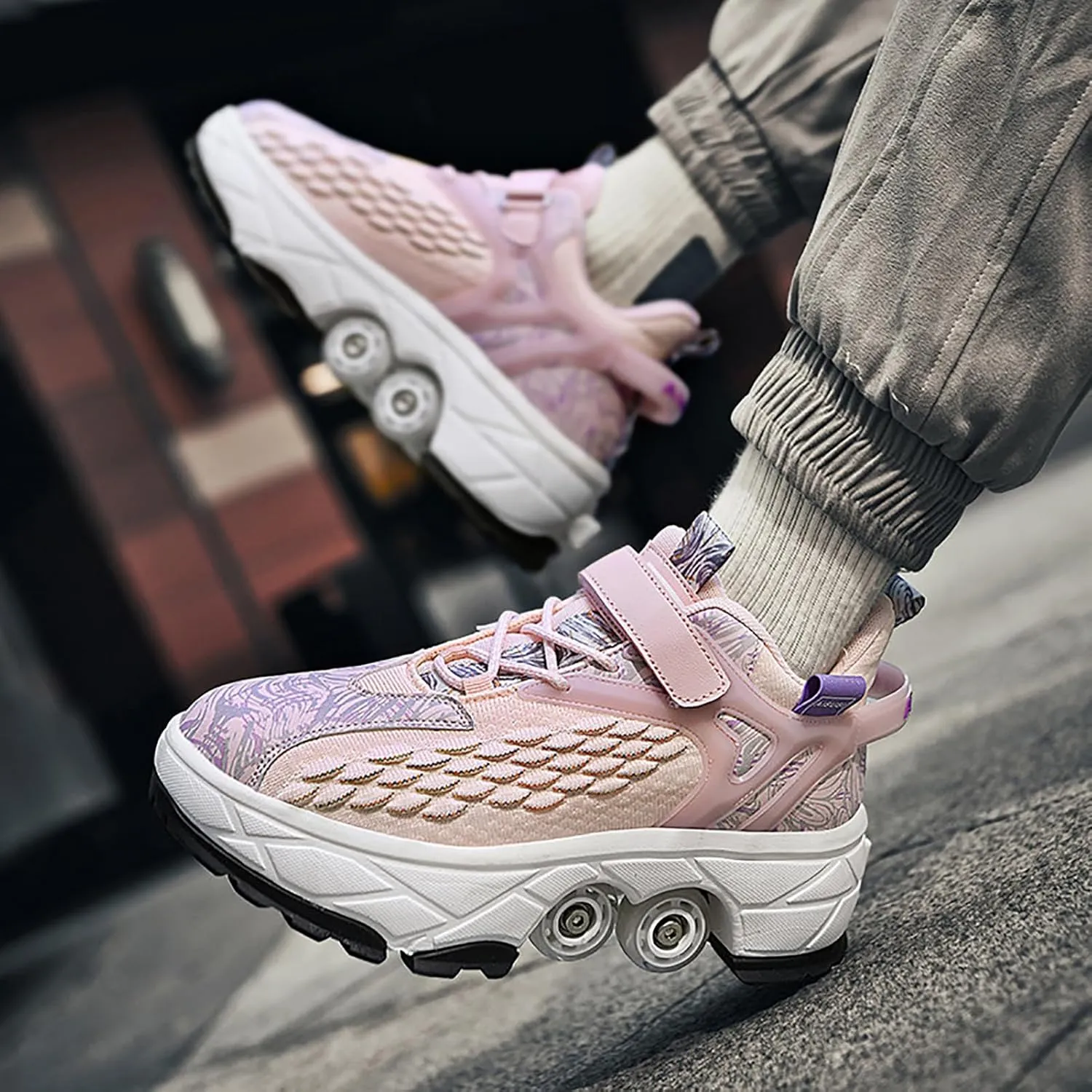 2 in 1 Deformation Roller Shoes, Roller Skate Shoes Outdoor with Detachable Brake Removable Pulley Skates Sneakers Skating Parkour with Wheels for Girls Boys