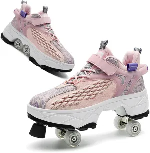 2 in 1 Deformation Roller Shoes, Roller Skate Shoes Outdoor with Detachable Brake Removable Pulley Skates Sneakers Skating Parkour with Wheels for Girls Boys