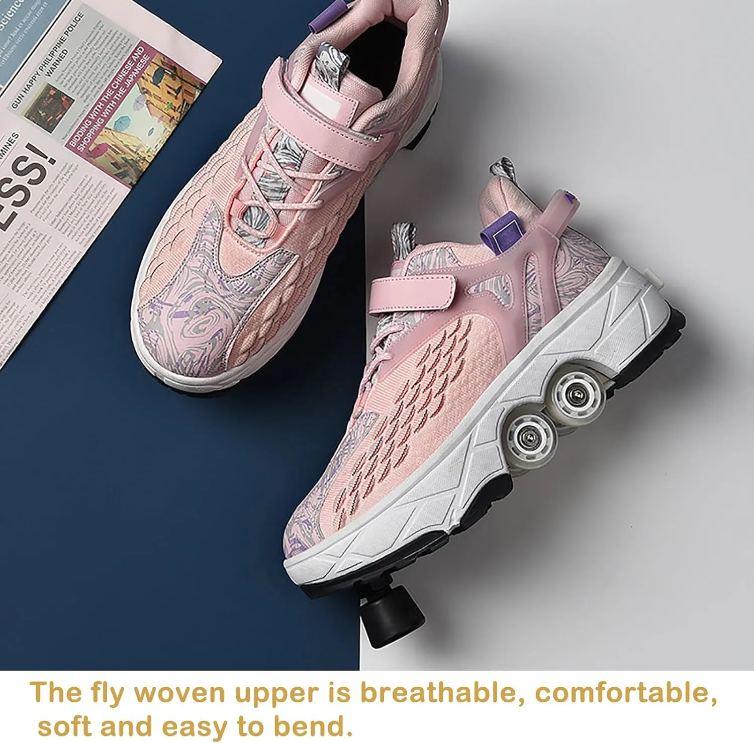 2 in 1 Deformation Roller Shoes, Roller Skate Shoes Outdoor with Detachable Brake Removable Pulley Skates Sneakers Skating Parkour with Wheels for Girls Boys