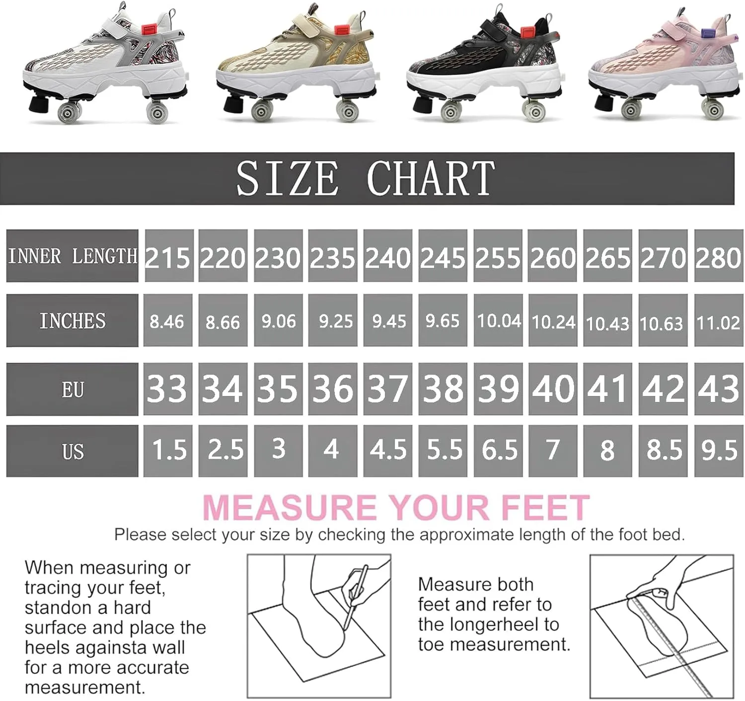 2 in 1 Deformation Roller Shoes, Roller Skate Shoes Outdoor with Detachable Brake Removable Pulley Skates Sneakers Skating Parkour with Wheels for Girls Boys
