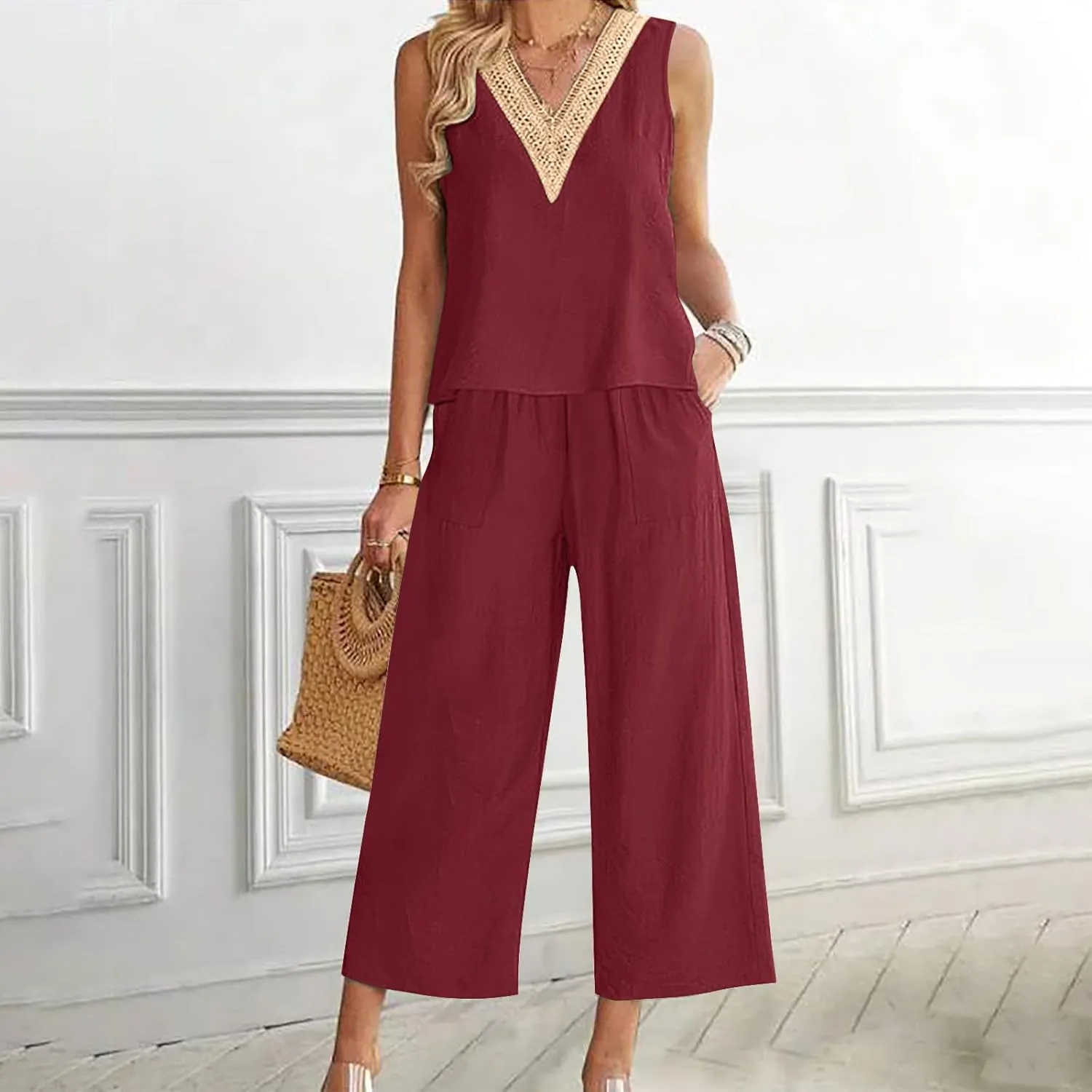 2 Piece Summer Sets For Women Cotton Linen Beach Vacation Outfits 2024 v Neck Crop Top Wide Leg Capri Pants Set
