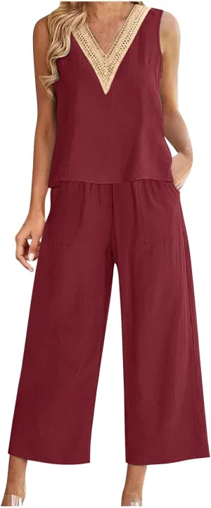 2 Piece Summer Sets For Women Cotton Linen Beach Vacation Outfits 2024 v Neck Crop Top Wide Leg Capri Pants Set