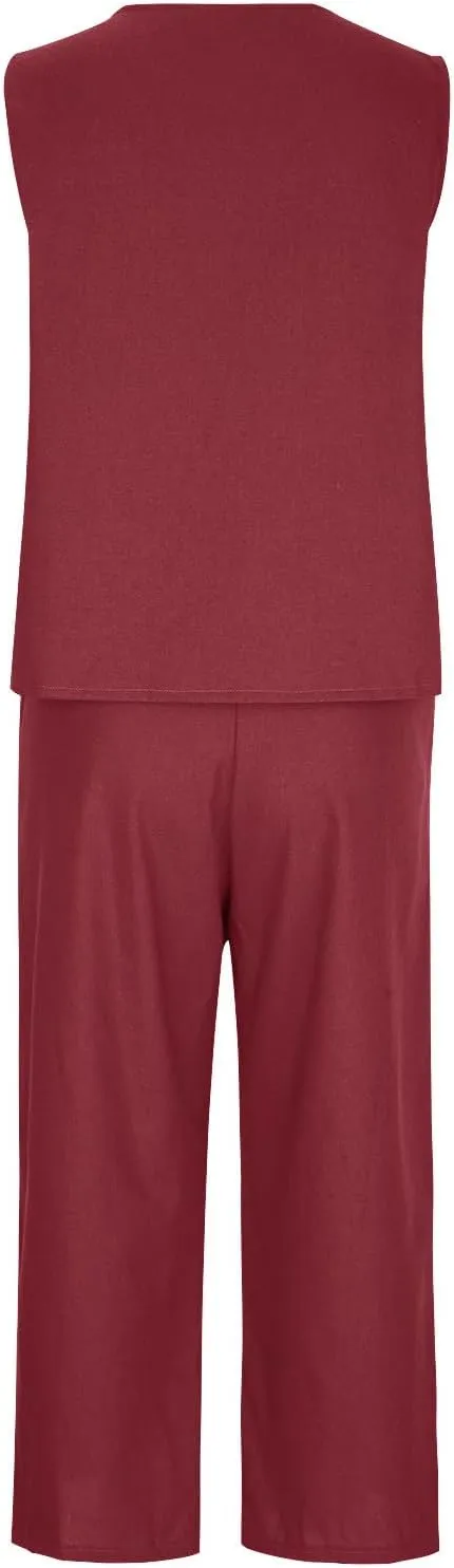 2 Piece Summer Sets For Women Cotton Linen Beach Vacation Outfits 2024 v Neck Crop Top Wide Leg Capri Pants Set