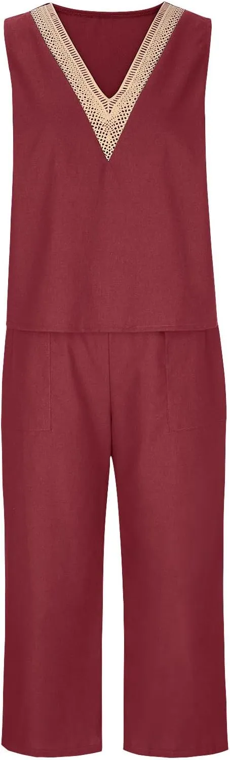2 Piece Summer Sets For Women Cotton Linen Beach Vacation Outfits 2024 v Neck Crop Top Wide Leg Capri Pants Set