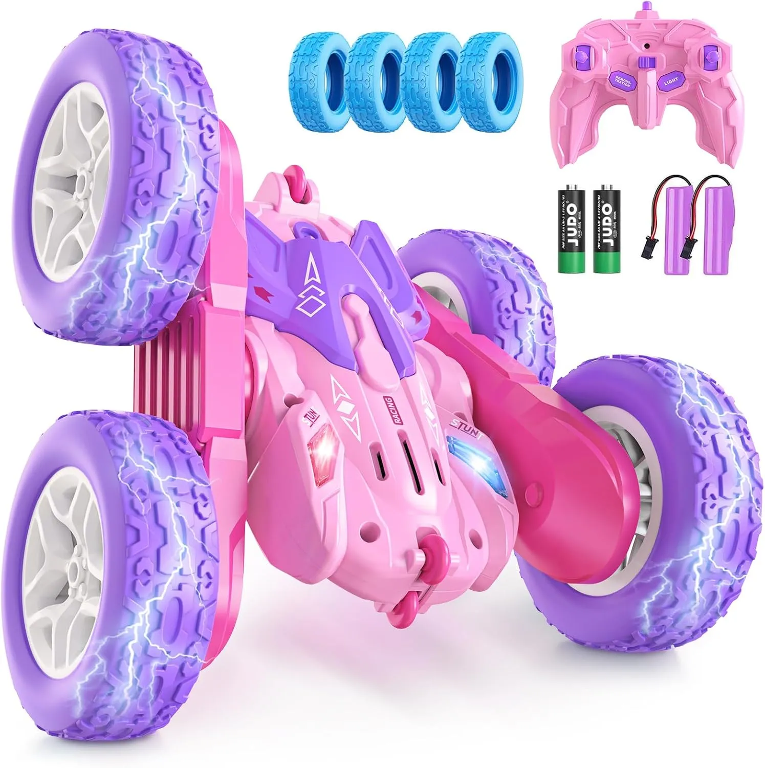 360 Flip Rotating Stunt RC Car with LED Lights, New Upgrade 2.4GHz All Terrain Rechargeable Electric Drift Car Toys for Ages 5-7 Birthday Gift (Pink)