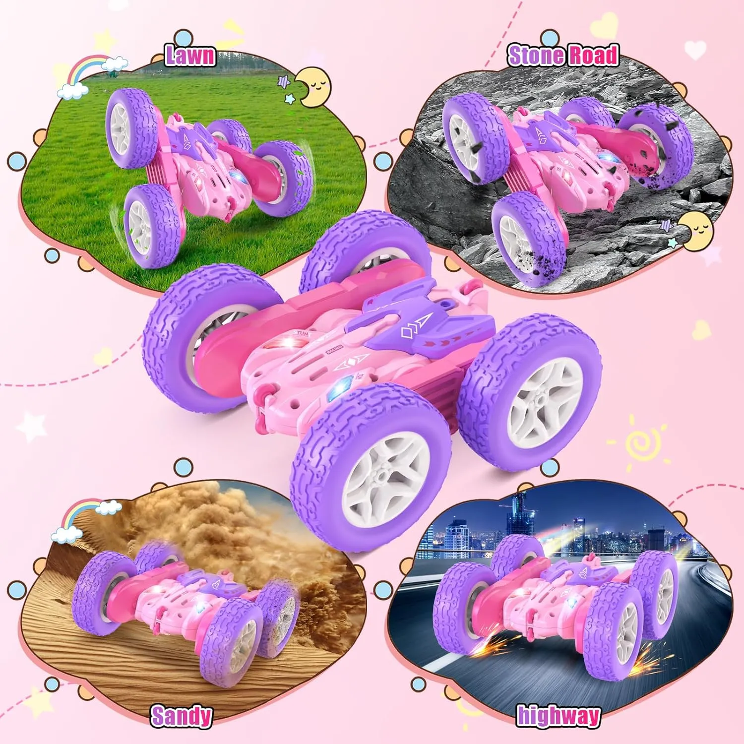 360 Flip Rotating Stunt RC Car with LED Lights, New Upgrade 2.4GHz All Terrain Rechargeable Electric Drift Car Toys for Ages 5-7 Birthday Gift (Pink)