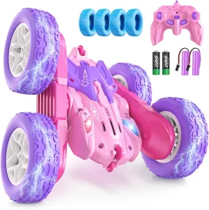 360 Flip Rotating Stunt RC Car with LED Lights, New Upgrade 2.4GHz All Terrain Rechargeable Electric Drift Car Toys for Ages 5-7 Birthday Gift (Pink)
