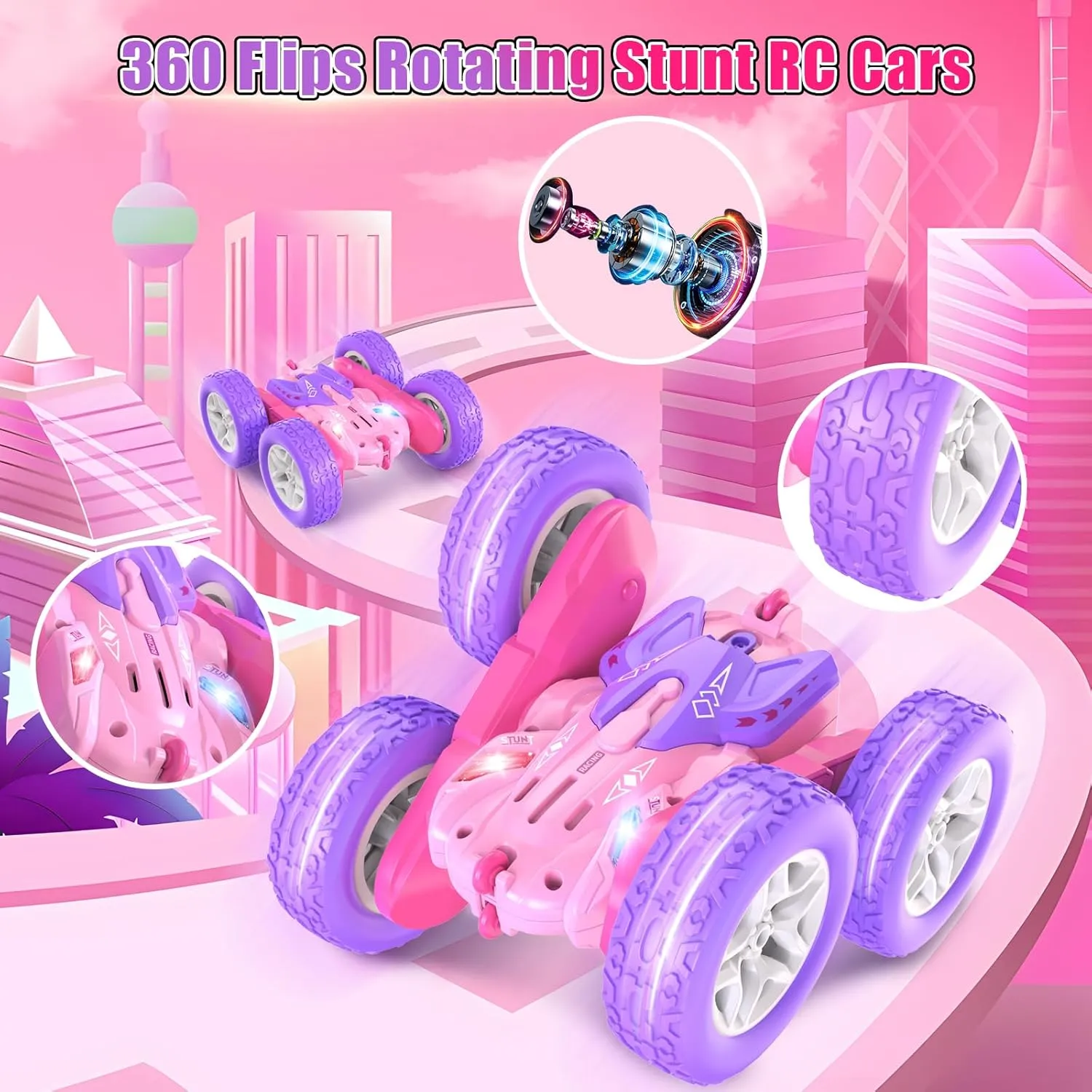 360 Flip Rotating Stunt RC Car with LED Lights, New Upgrade 2.4GHz All Terrain Rechargeable Electric Drift Car Toys for Ages 5-7 Birthday Gift (Pink)