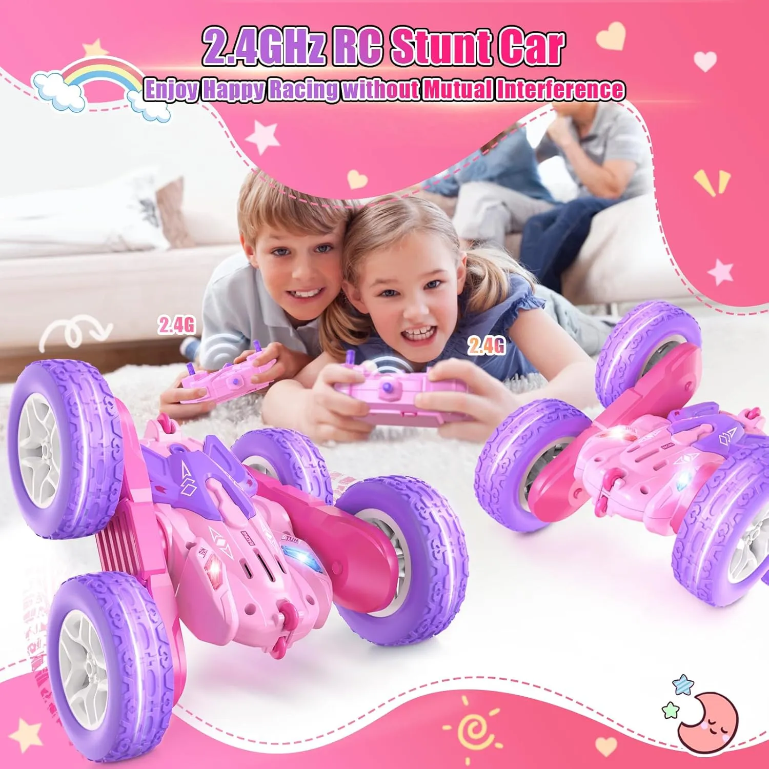 360 Flip Rotating Stunt RC Car with LED Lights, New Upgrade 2.4GHz All Terrain Rechargeable Electric Drift Car Toys for Ages 5-7 Birthday Gift (Pink)