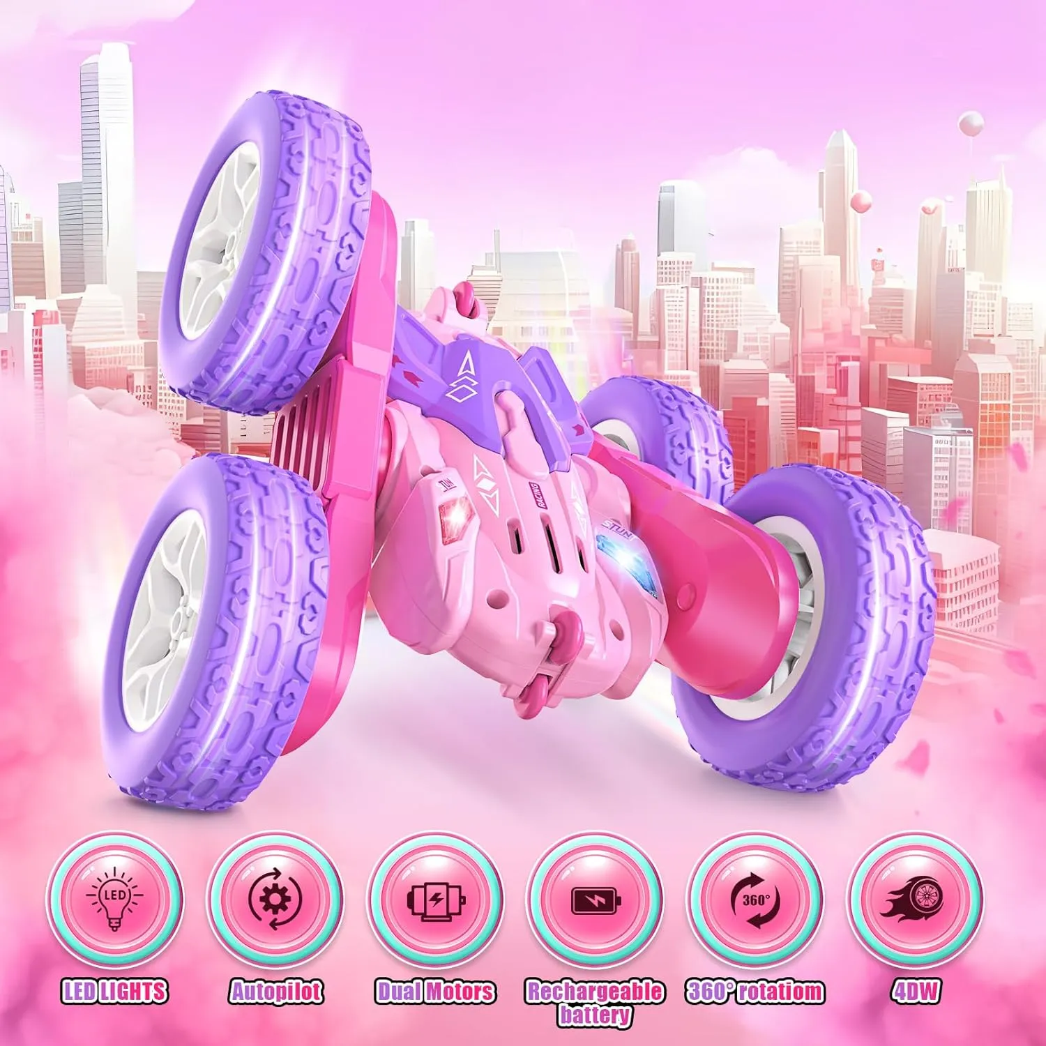 360 Flip Rotating Stunt RC Car with LED Lights, New Upgrade 2.4GHz All Terrain Rechargeable Electric Drift Car Toys for Ages 5-7 Birthday Gift (Pink)