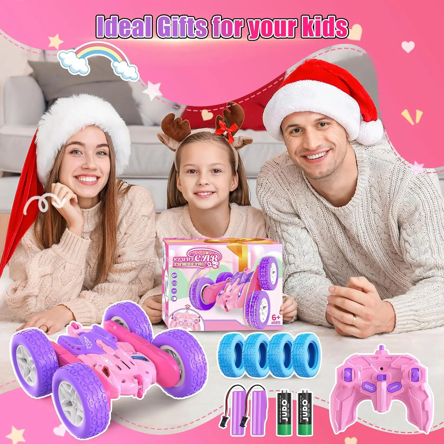 360 Flip Rotating Stunt RC Car with LED Lights, New Upgrade 2.4GHz All Terrain Rechargeable Electric Drift Car Toys for Ages 5-7 Birthday Gift (Pink)