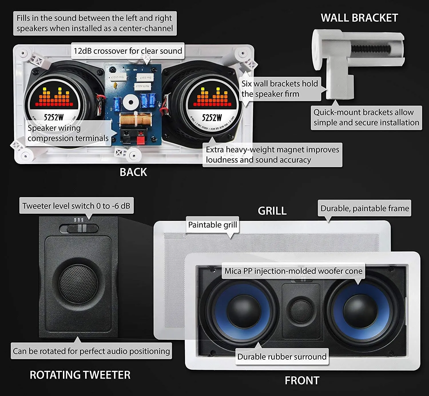 5252W Silver Ticket in-Wall Speaker with Pivoting Tweeter (Dual 5.25 Inch in-Wall Center Channel)