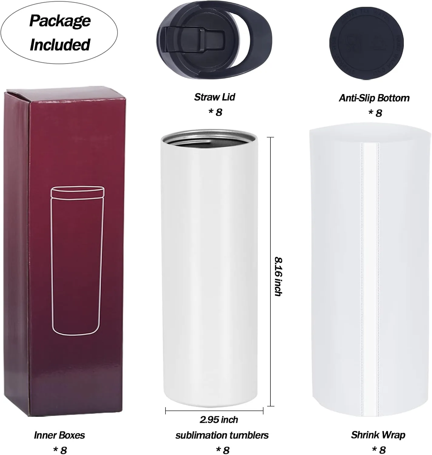 8 Pack Sublimation Tumblers Bulk, 20 OZ Skinny Straight Sublimation Sports Tumbler Blanks, Double Wall Stainless Steel Sublimation Water Bottle Bulk with Portable Handle, Individually
