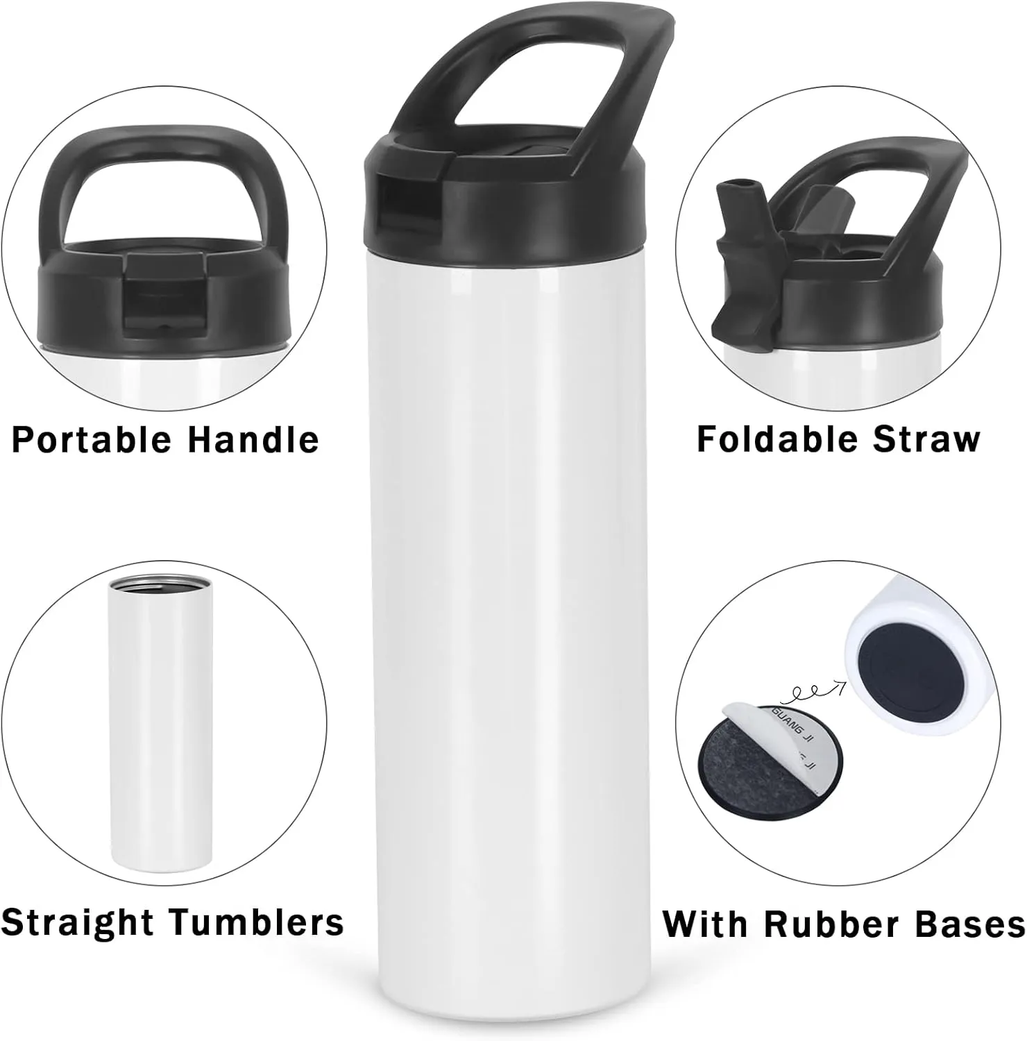 8 Pack Sublimation Tumblers Bulk, 20 OZ Skinny Straight Sublimation Sports Tumbler Blanks, Double Wall Stainless Steel Sublimation Water Bottle Bulk with Portable Handle, Individually
