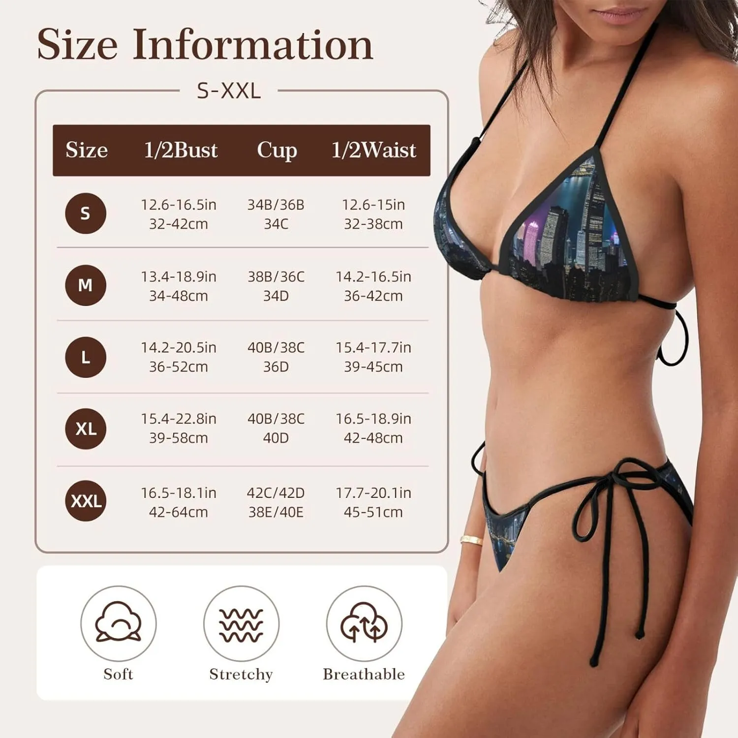 Aerial Night of View Hong Kong Print Women Two Piece Swimsuit Halter Triangle String Bikini Set Beach Bathing Suit