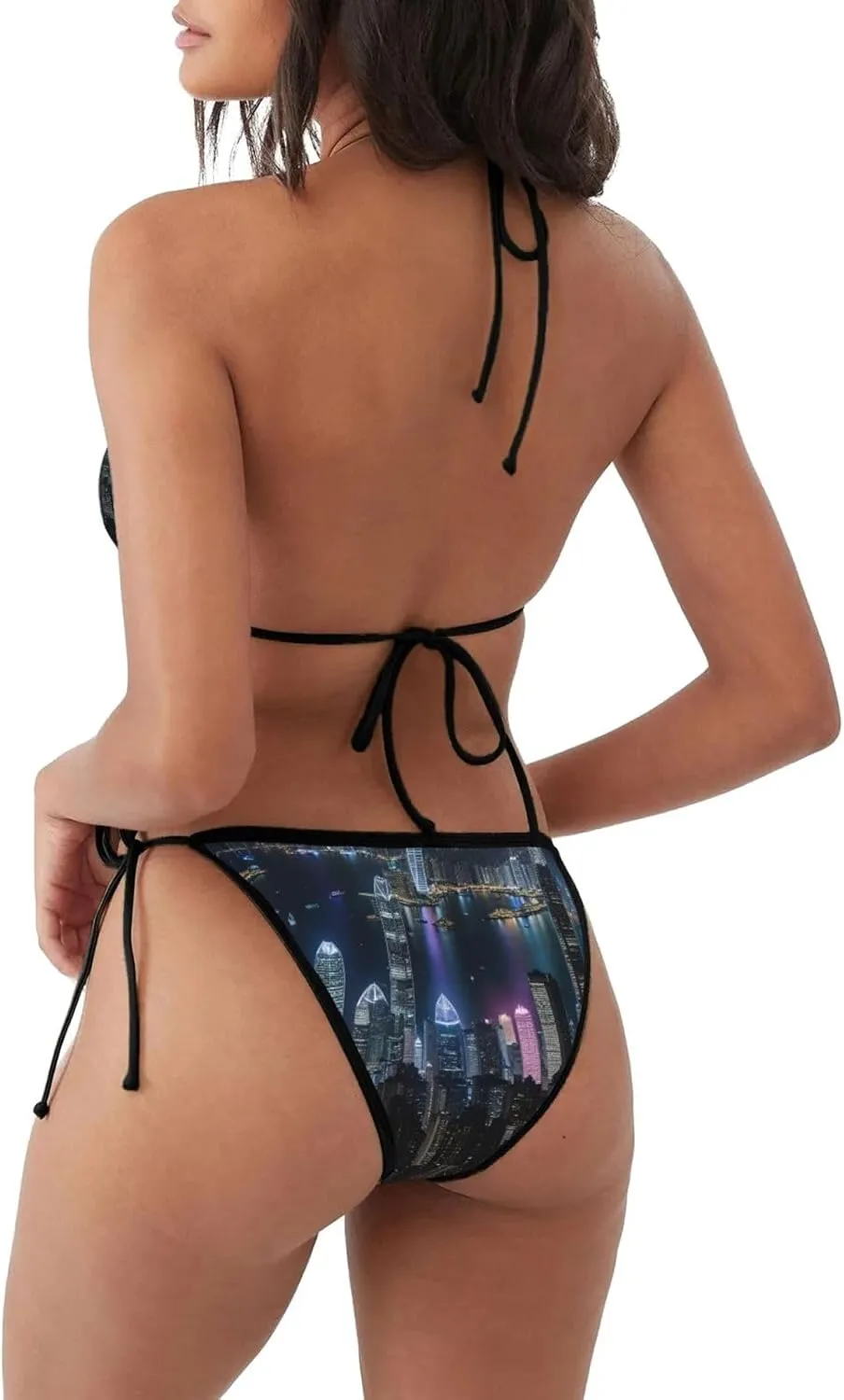 Aerial Night of View Hong Kong Print Women Two Piece Swimsuit Halter Triangle String Bikini Set Beach Bathing Suit