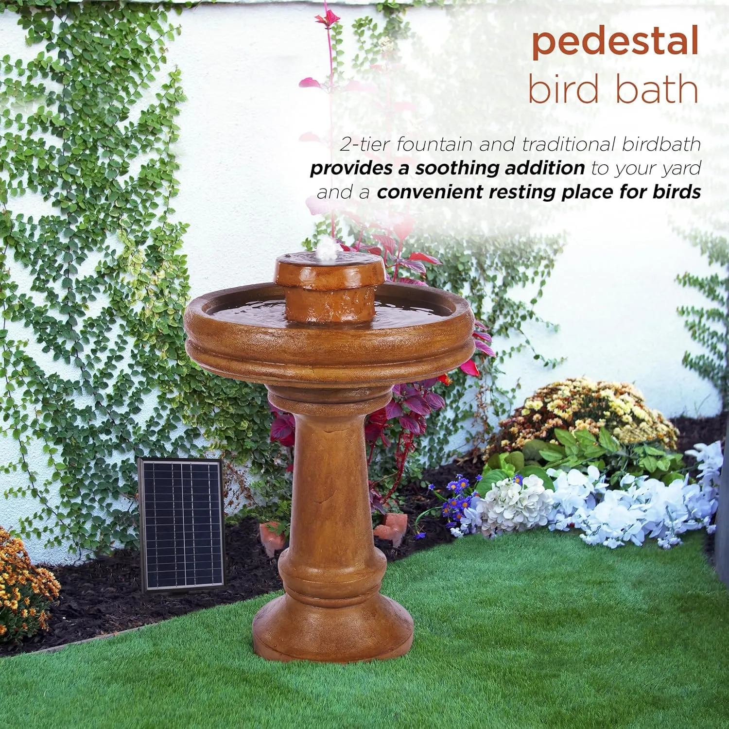 Alpine Corporation TZL202SLR 29" Solar-Powered Outdoor Birdbath Fountain with LED Lights – Elegant Pedestal Garden Water Feature for Backyard and Patio Décor, Brown