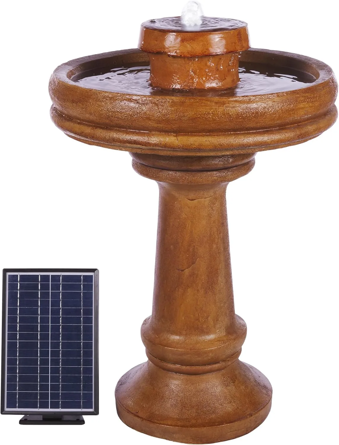 Alpine Corporation TZL202SLR 29" Solar-Powered Outdoor Birdbath Fountain with LED Lights – Elegant Pedestal Garden Water Feature for Backyard and Patio Décor, Brown