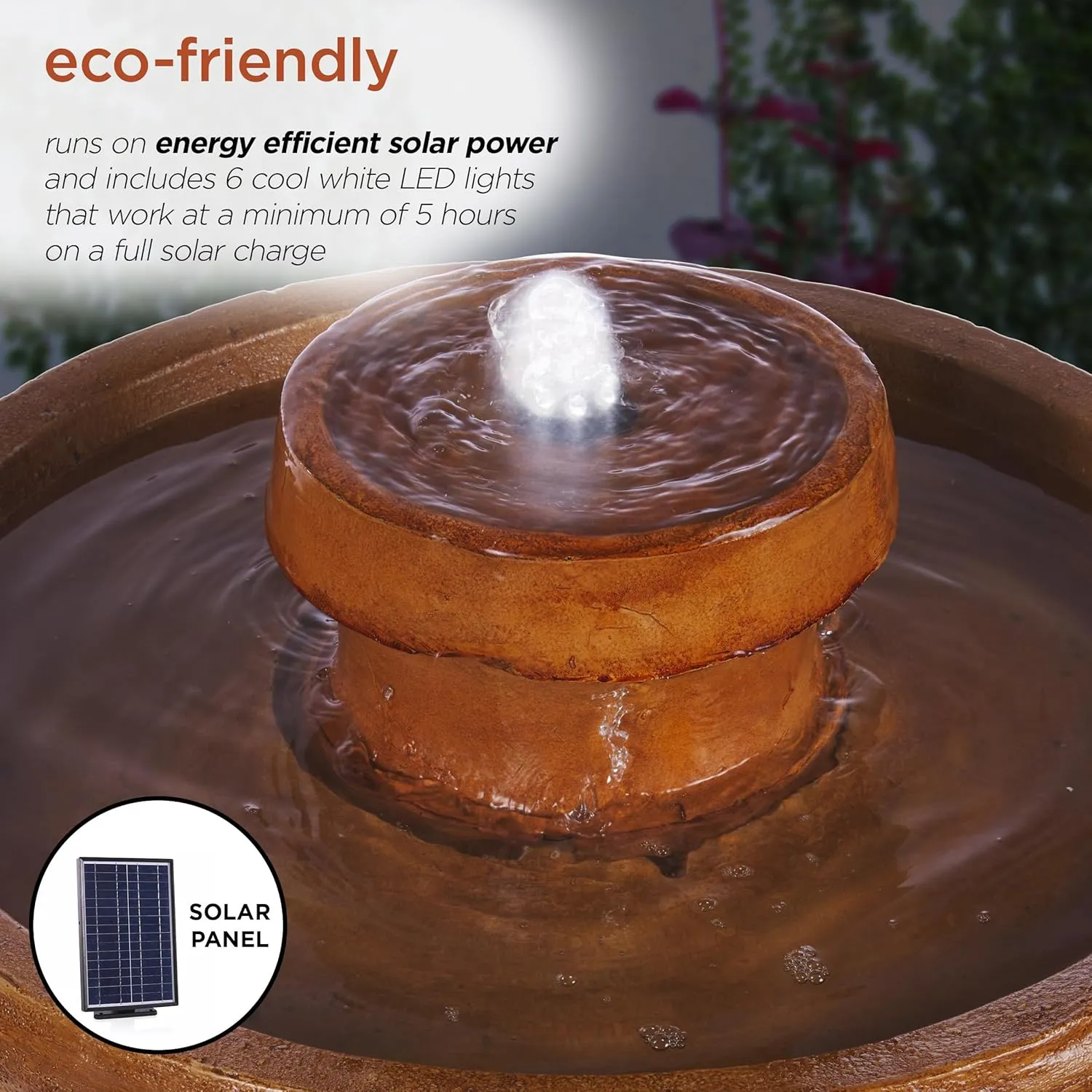 Alpine Corporation TZL202SLR 29" Solar-Powered Outdoor Birdbath Fountain with LED Lights – Elegant Pedestal Garden Water Feature for Backyard and Patio Décor, Brown