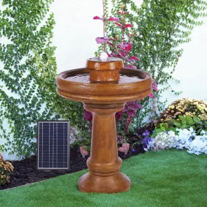 Alpine Corporation TZL202SLR 29" Solar-Powered Outdoor Birdbath Fountain with LED Lights – Elegant Pedestal Garden Water Feature for Backyard and Patio Décor, Brown