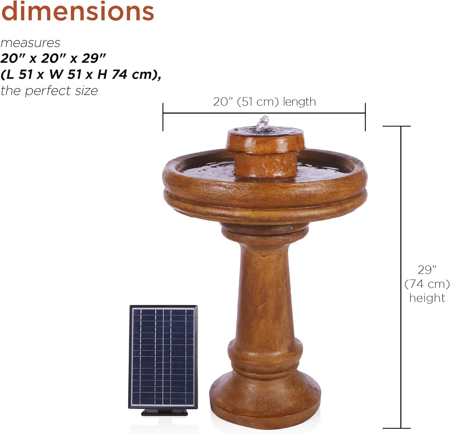 Alpine Corporation TZL202SLR 29" Solar-Powered Outdoor Birdbath Fountain with LED Lights – Elegant Pedestal Garden Water Feature for Backyard and Patio Décor, Brown