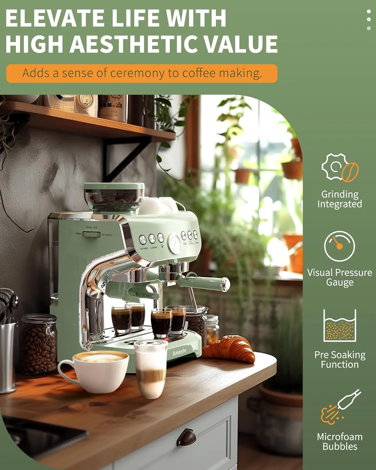 Amaste Espresso Machine with Grinder, 15 Bar Espresso Machine with Steam Wand for Latte and Cappuccino, 68Oz Water Tank, Pre-Infuse Brewing, Espresso Coffee Maker for Home Use, Barista Kit, Green