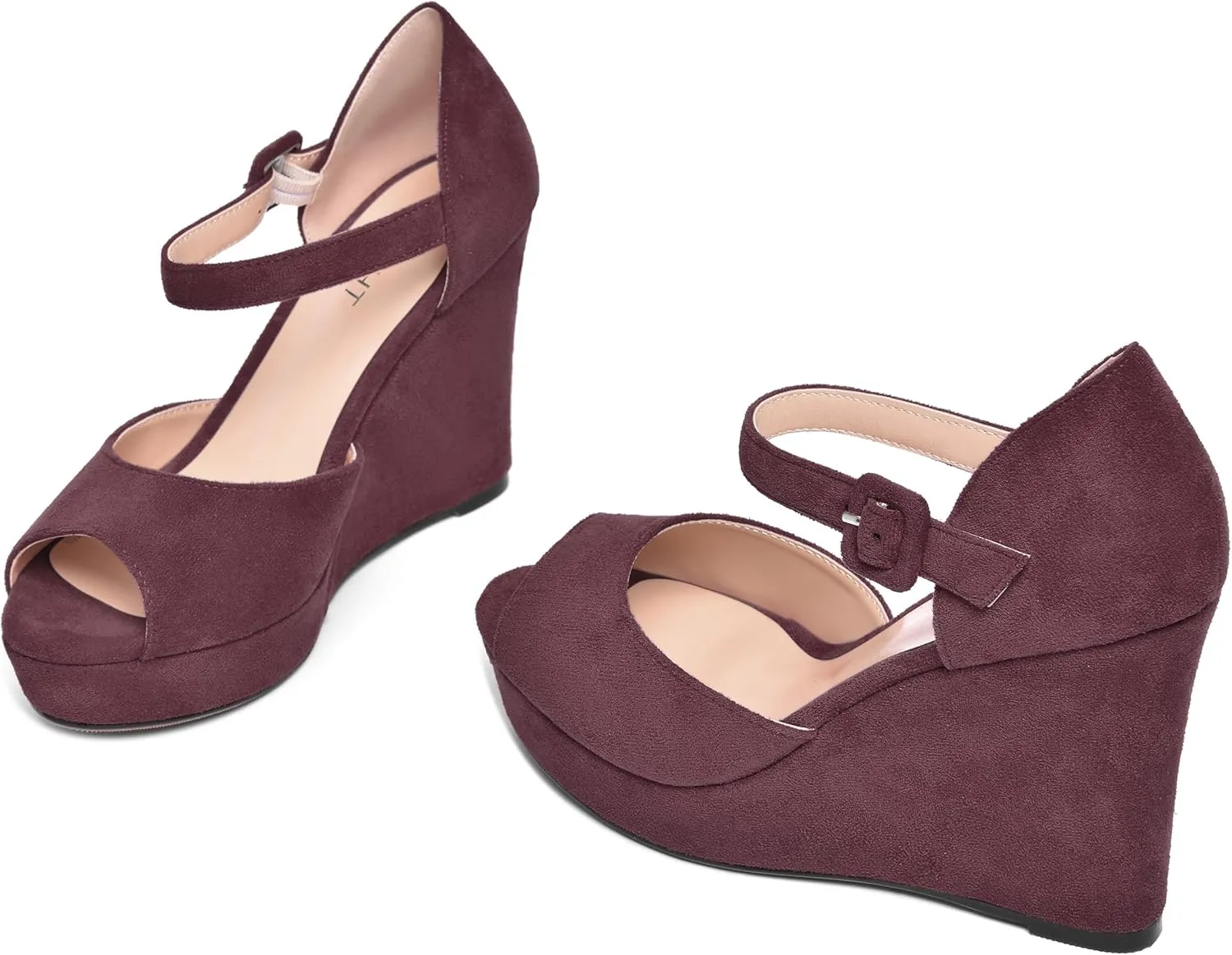 AMBELIGHT Womens Peep Toe Fashion Buckle Office Suede Ankle Strap Solid Wedge High Heel Pumps Shoes 4 Inch