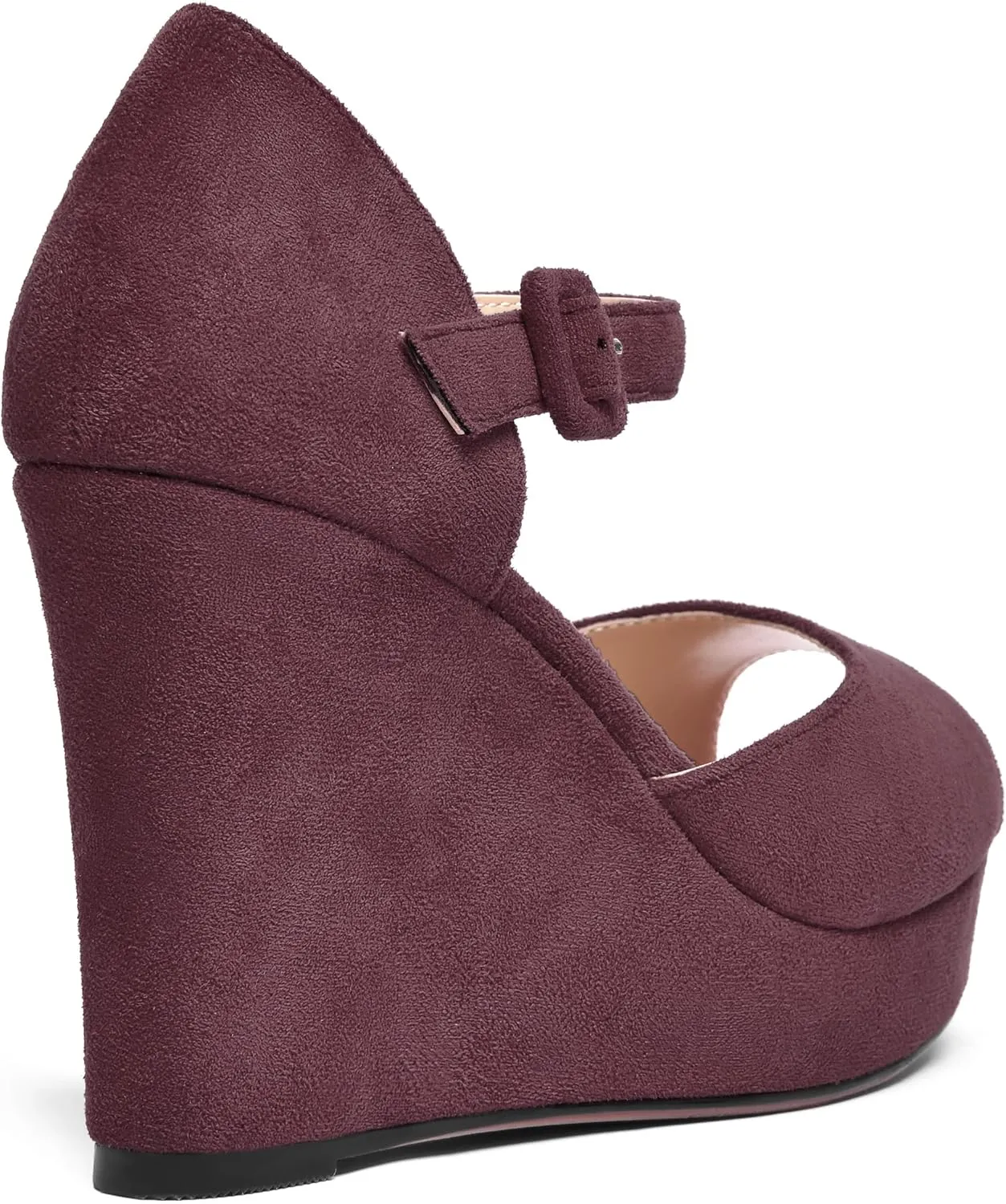 AMBELIGHT Womens Peep Toe Fashion Buckle Office Suede Ankle Strap Solid Wedge High Heel Pumps Shoes 4 Inch