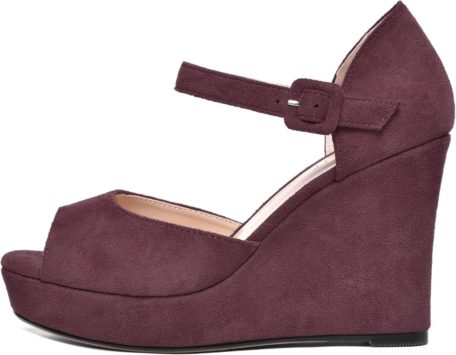 AMBELIGHT Womens Peep Toe Fashion Buckle Office Suede Ankle Strap Solid Wedge High Heel Pumps Shoes 4 Inch