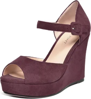 AMBELIGHT Womens Peep Toe Fashion Buckle Office Suede Ankle Strap Solid Wedge High Heel Pumps Shoes 4 Inch