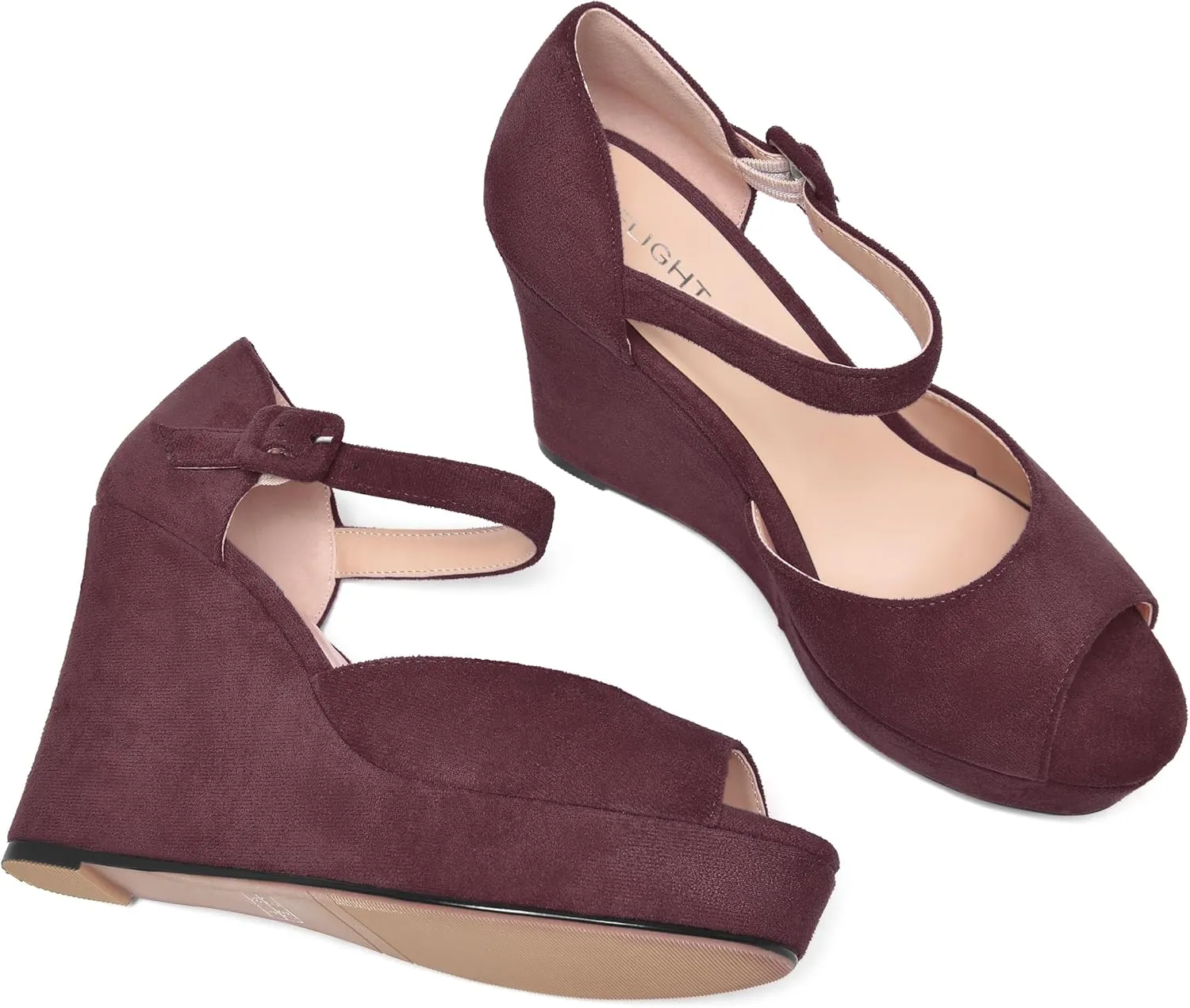 AMBELIGHT Womens Peep Toe Fashion Buckle Office Suede Ankle Strap Solid Wedge High Heel Pumps Shoes 4 Inch
