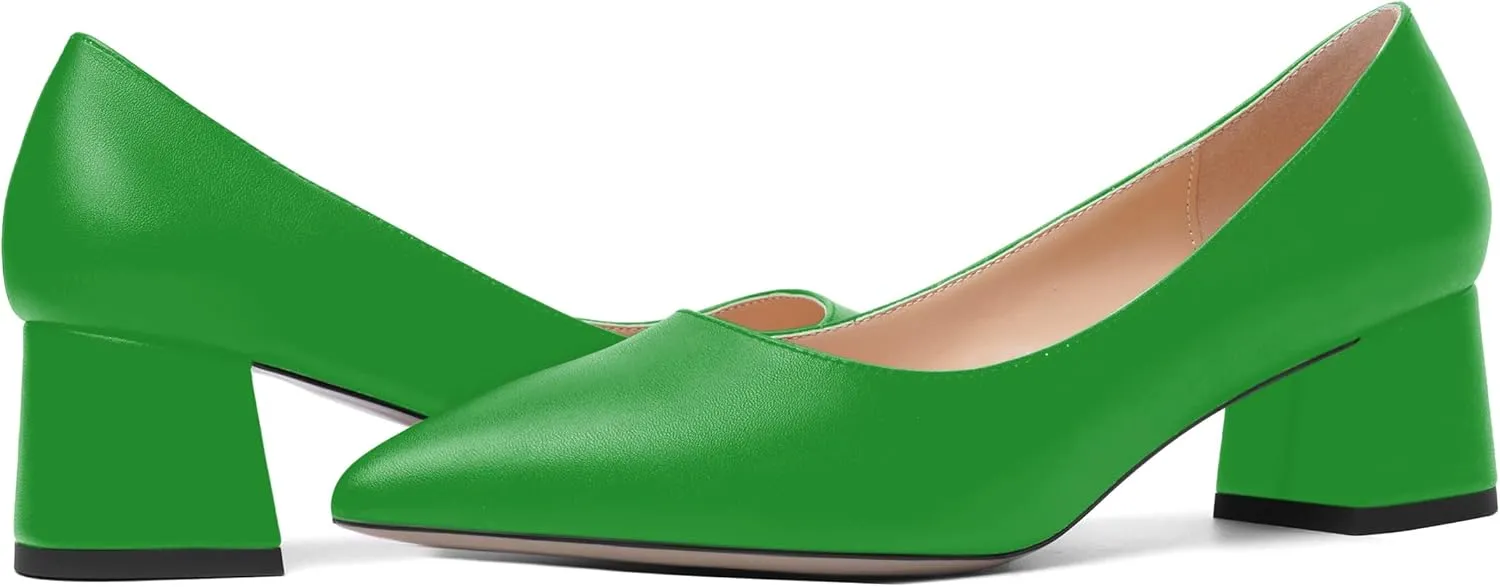 AMBELIGHT Womens Pointed Toe Casual Block Office Matte Slip On Chunky Low Heel Pumps Shoes 2 Inch
