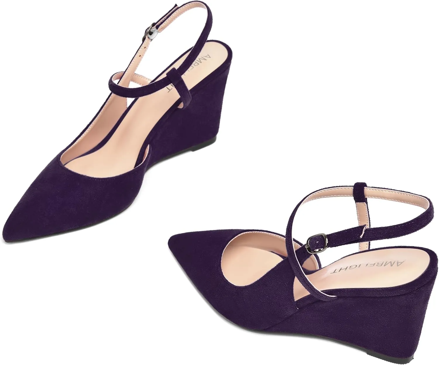 AMBELIGHT Womens Solid Pointed Toe Buckle Bridal Ankle Strap Sexy Suede Wedge High Heel Pumps Shoes 3.3 Inch