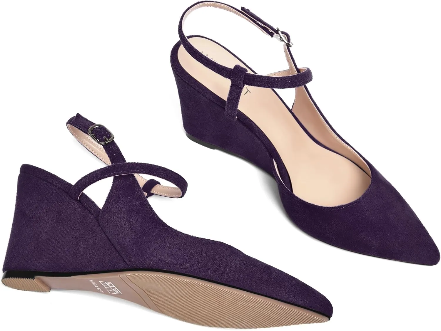 AMBELIGHT Womens Solid Pointed Toe Buckle Bridal Ankle Strap Sexy Suede Wedge High Heel Pumps Shoes 3.3 Inch