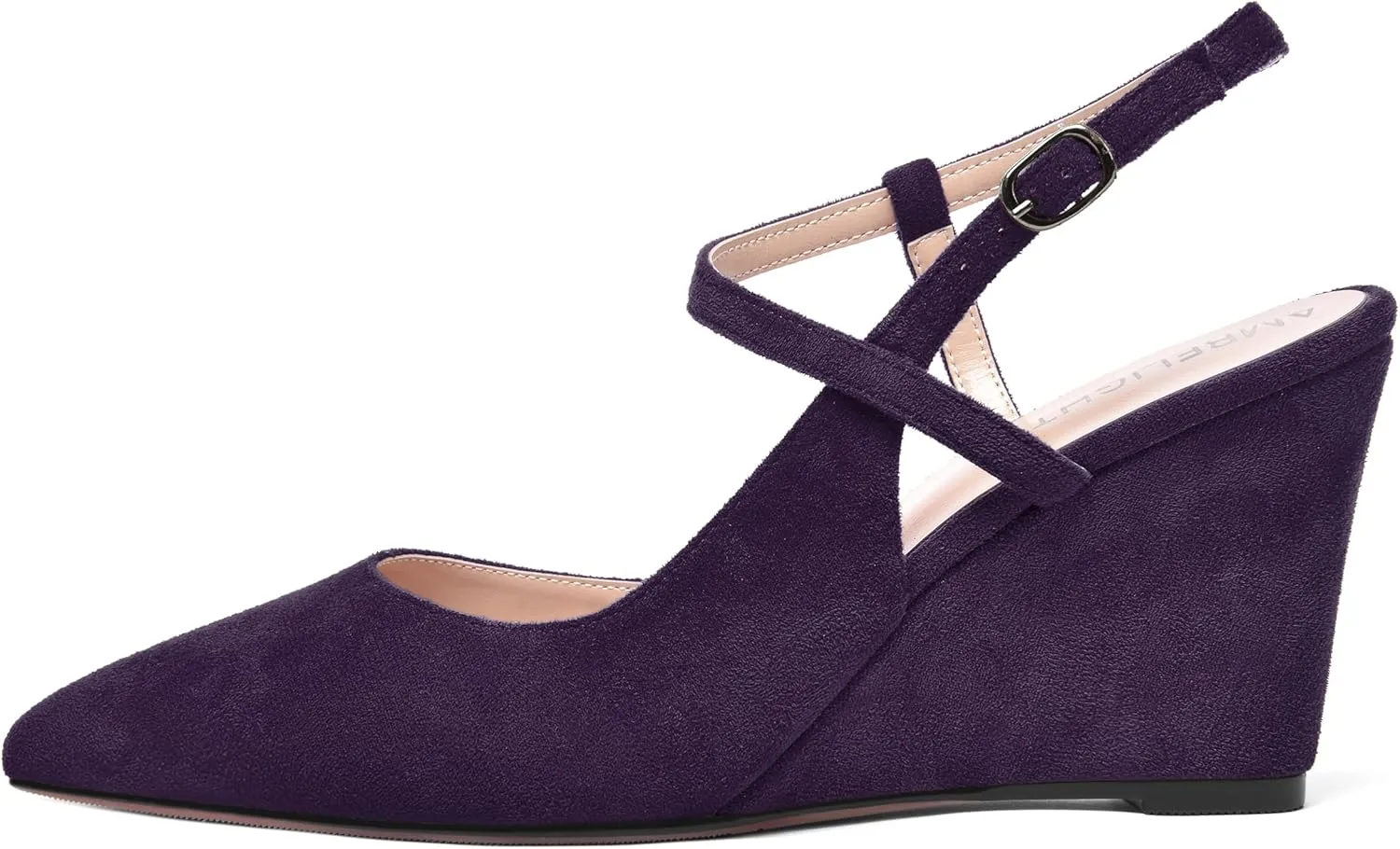 AMBELIGHT Womens Solid Pointed Toe Buckle Bridal Ankle Strap Sexy Suede Wedge High Heel Pumps Shoes 3.3 Inch