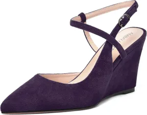 AMBELIGHT Womens Solid Pointed Toe Buckle Bridal Ankle Strap Sexy Suede Wedge High Heel Pumps Shoes 3.3 Inch