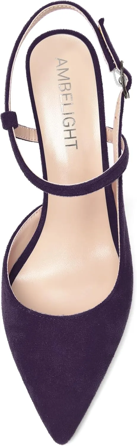 AMBELIGHT Womens Solid Pointed Toe Buckle Bridal Ankle Strap Sexy Suede Wedge High Heel Pumps Shoes 3.3 Inch