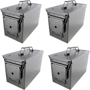 Ammo Storage Box 4 Pack - Black .50 Caliber Ammunition Flip Top Lockable Storage Box - Waterproof Metal Military Ammo Can Container - Airtight Latching Dry Bullet Case Steel Field Box