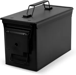 Ammo Storage Box - Black .50 Caliber Ammunition Flip Top Lockable Storage Box - Waterproof Metal Military Ammo Can Container - Airtight Latching Dry Box Bullet Case Steel Field Box