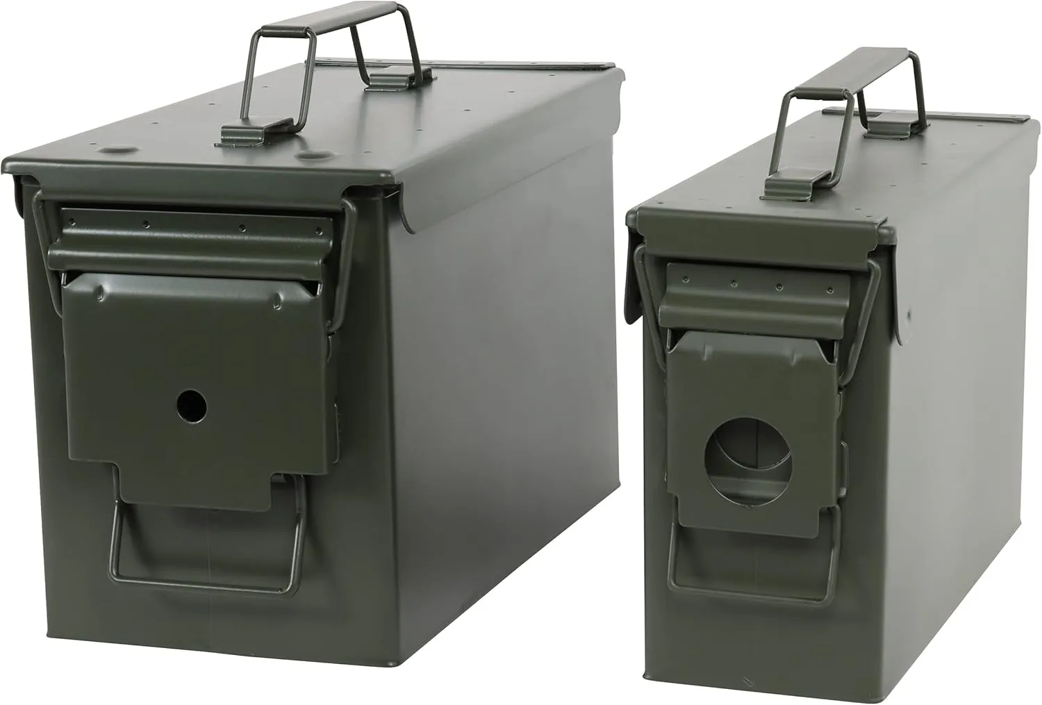 Ammo Storage Box Set of 2 - Green .30 and .50 Caliber Ammunition Flip Top Lockable Storage - Waterproof Metal Military Ammo Can Container - Airtight Latching Dry Bullet Steel Field Box