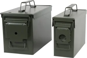 Ammo Storage Box Set of 2 - Green .30 and .50 Caliber Ammunition Flip Top Lockable Storage - Waterproof Metal Military Ammo Can Container - Airtight Latching Dry Bullet Steel Field Box