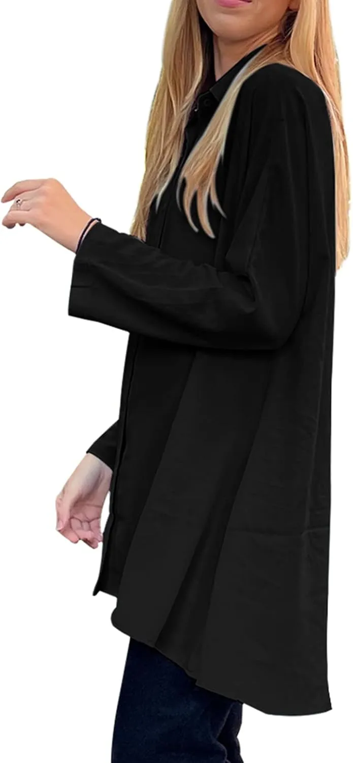 Aoysky Womens Oversized T Shirts Button Down Long Sleeve Shirt V Neck Collar Loose Flowy Blouse