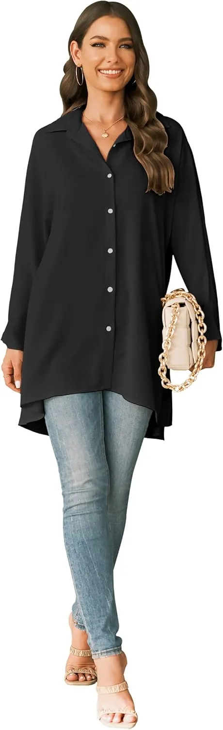 Aoysky Womens Oversized T Shirts Button Down Long Sleeve Shirt V Neck Collar Loose Flowy Blouse