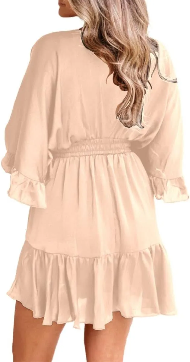 Aoysky Womens V Neck Casual Dresses Summer Loose High Waist Ruffle Pleated Cute Mini Short Dress
