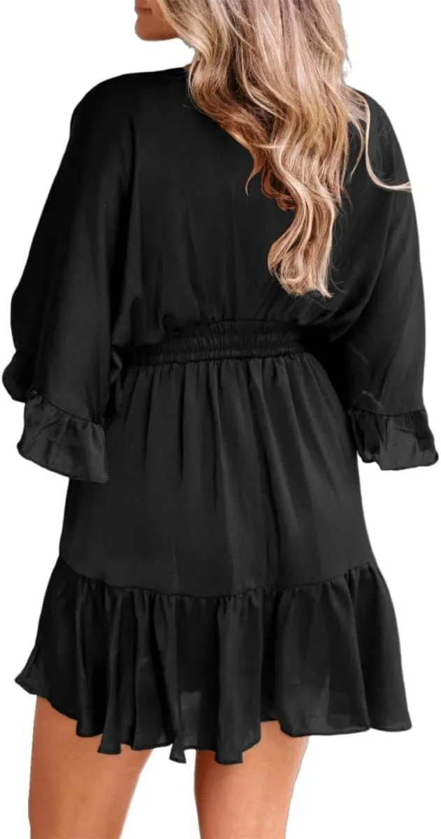 Aoysky Womens V Neck Casual Dresses Summer Loose High Waist Ruffle Pleated Cute Mini Short Dress