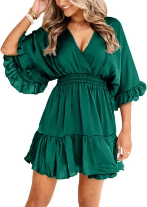 Aoysky Womens V Neck Casual Dresses Summer Loose High Waist Ruffle Pleated Cute Mini Short Dress