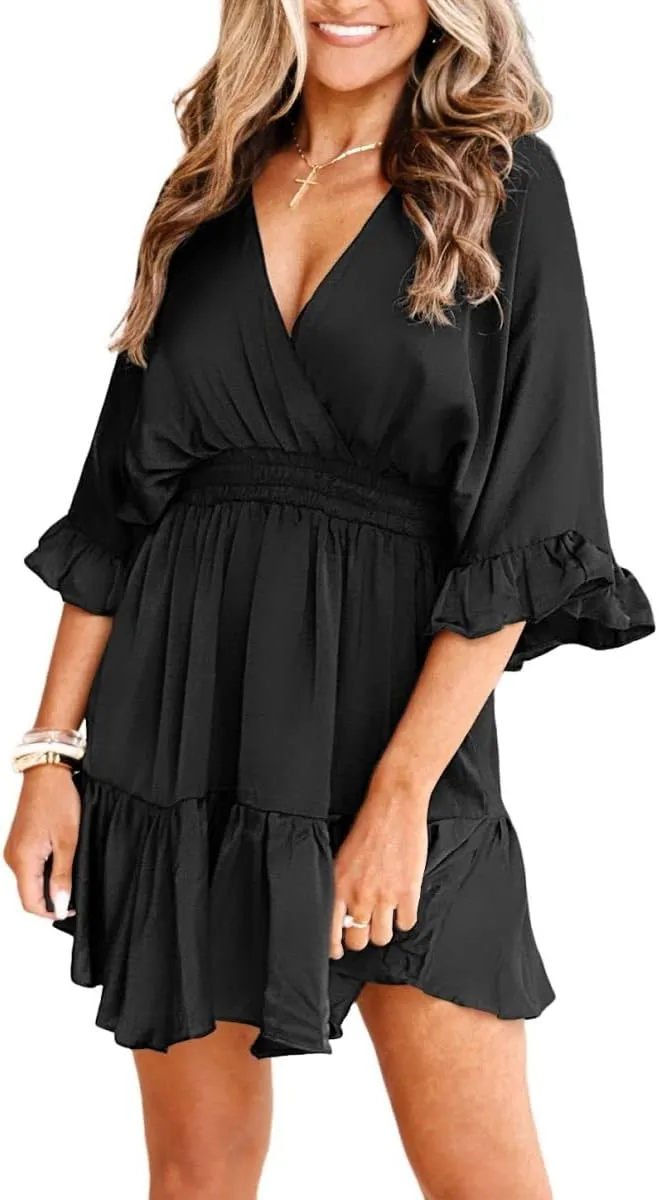 Aoysky Womens V Neck Casual Dresses Summer Loose High Waist Ruffle Pleated Cute Mini Short Dress