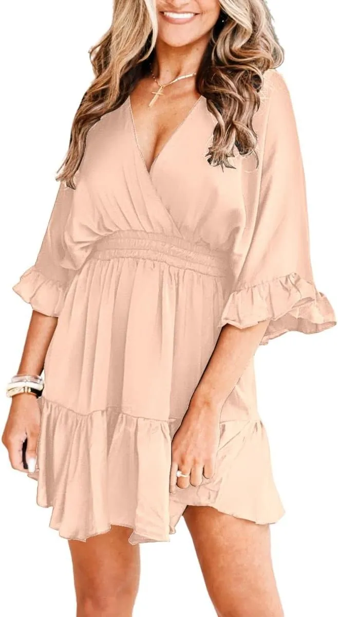 Aoysky Womens V Neck Casual Dresses Summer Loose High Waist Ruffle Pleated Cute Mini Short Dress