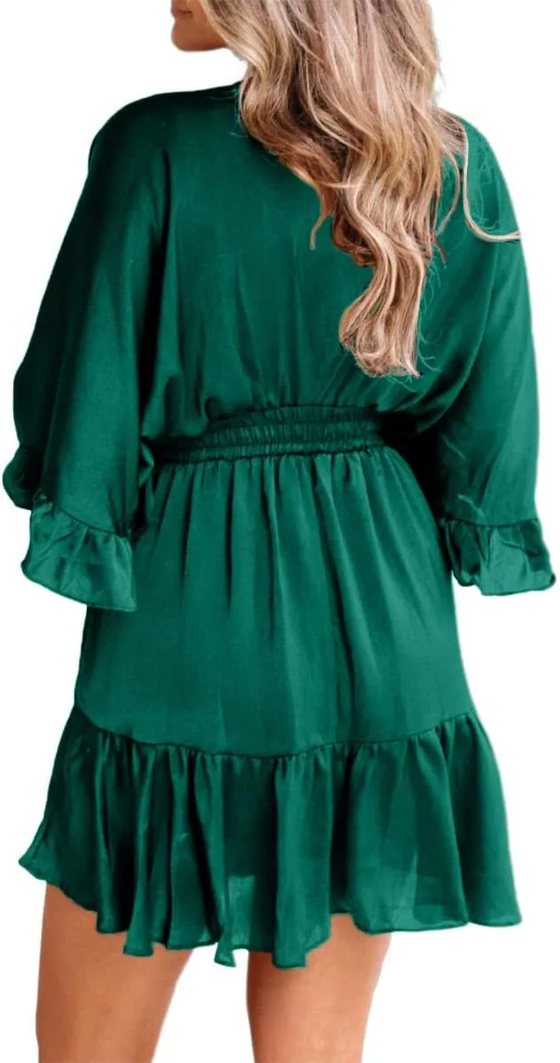 Aoysky Womens V Neck Casual Dresses Summer Loose High Waist Ruffle Pleated Cute Mini Short Dress