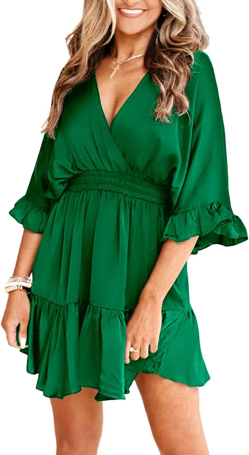 Aoysky Womens V Neck Casual Dresses Summer Loose High Waist Ruffle Pleated Cute Mini Short Dress
